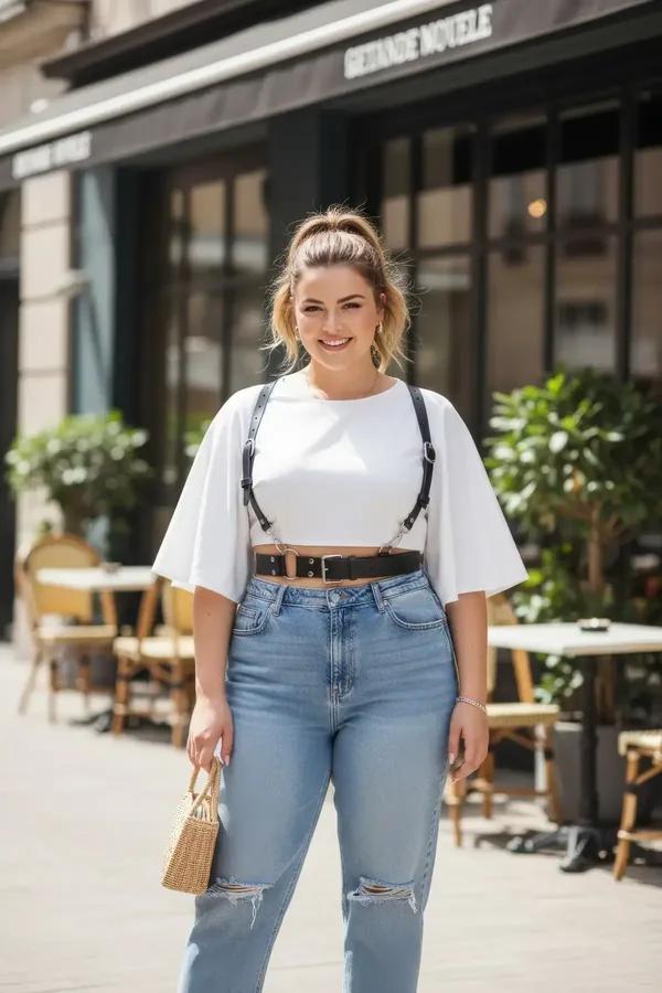 black wide faux leather belt with adjustable silver-buckle chest harness straps worn over white crop tee and jeans