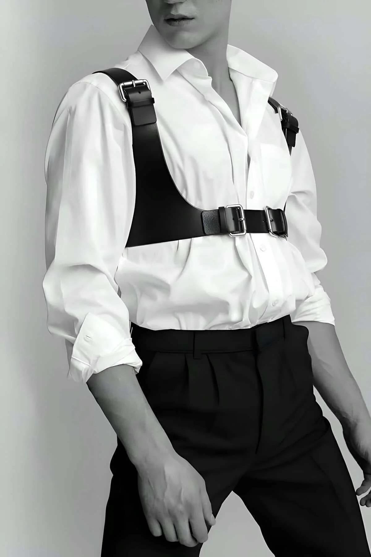 Black faux leather men's chest harness with wide shoulder straps and dual silver rectangular buckles worn over a white shirt