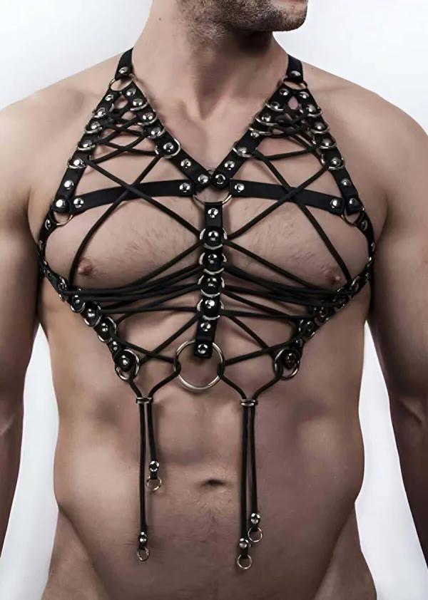 black faux leather studded caged chest harness with halter neck and multiple silver O-rings worn by male model