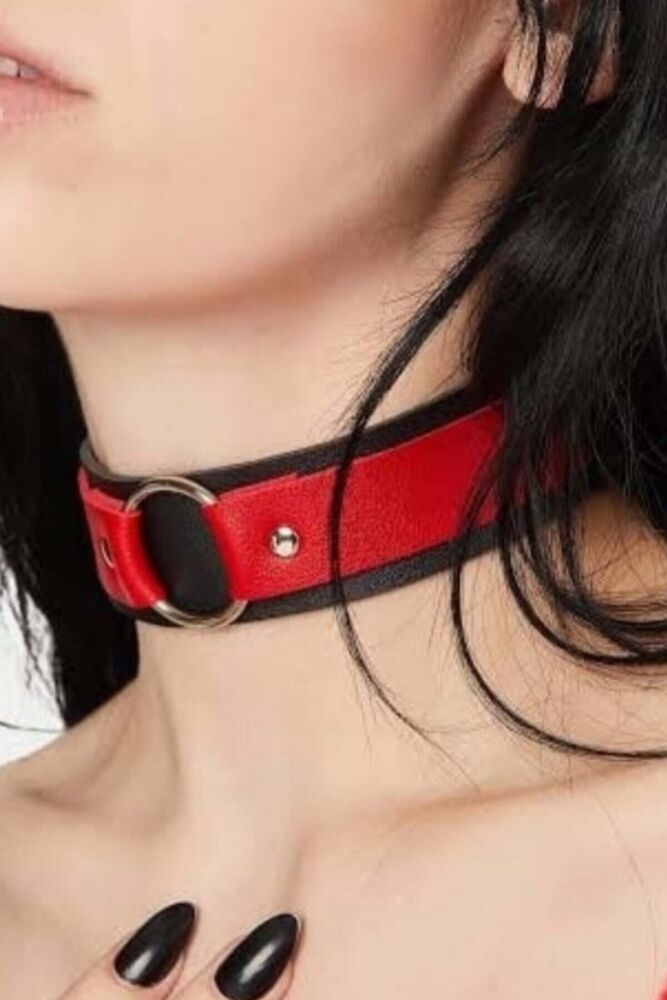 Adjustable Leather Choker with Black and Red Rings - 1