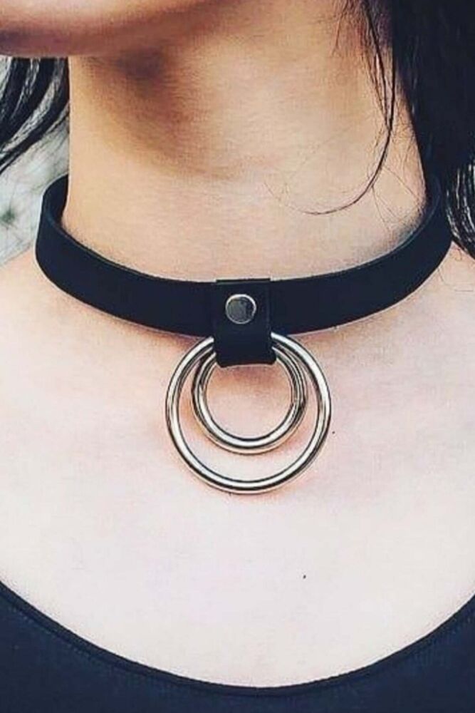 Adjustable Leather Choker with Thin Ring Strip - 1