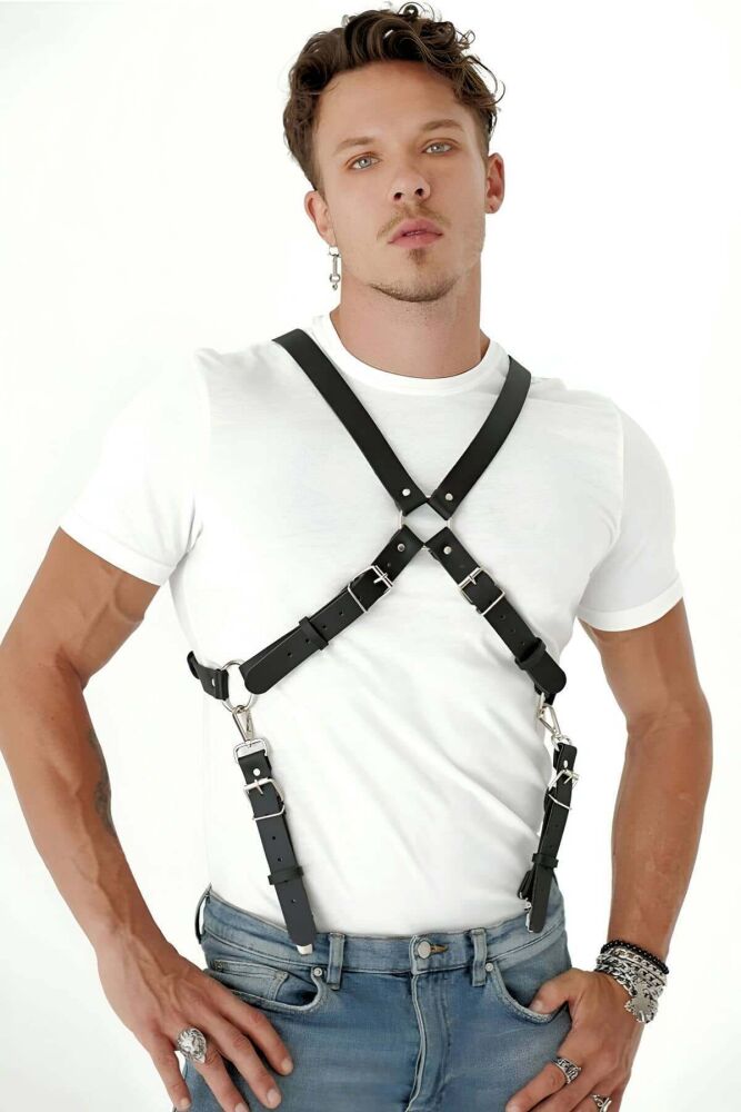 Back-Tied Men's Leather Harness with Chest Detail - 1