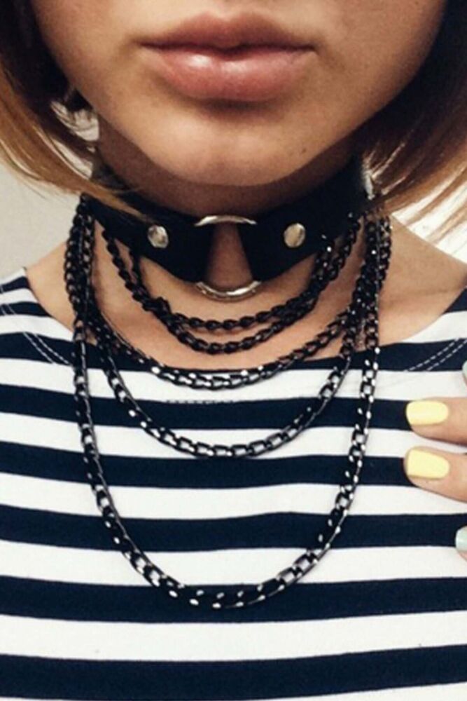 Black Chain Leather Choker - 1