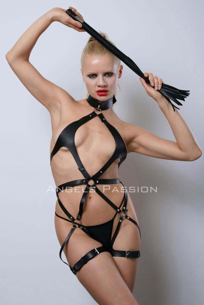 Black Erotic Full Body Whip Leather Harness - 2