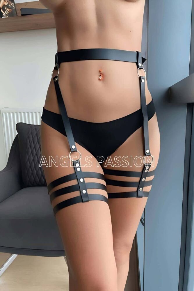 Black Leather BDSM Garter Harness - 2