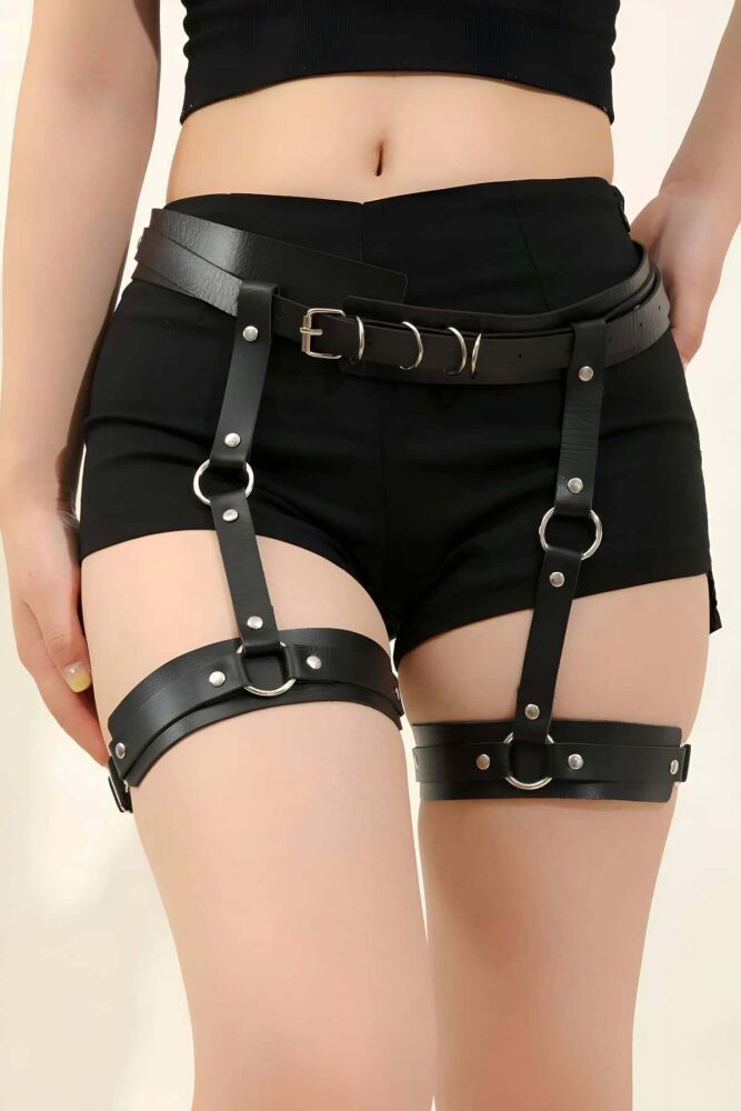 Black Leather Garter Harness for Women - 2