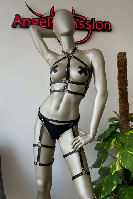 Black Leather Garter Harness Lingerie Set - 3