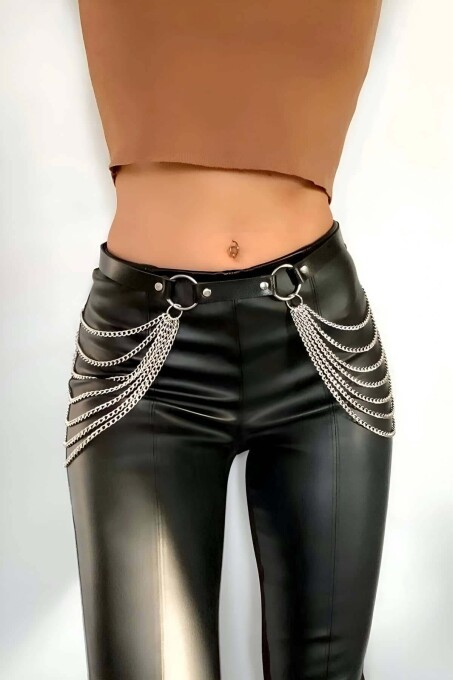 Black Leather Waist Belt with Chain Jewelry - 1