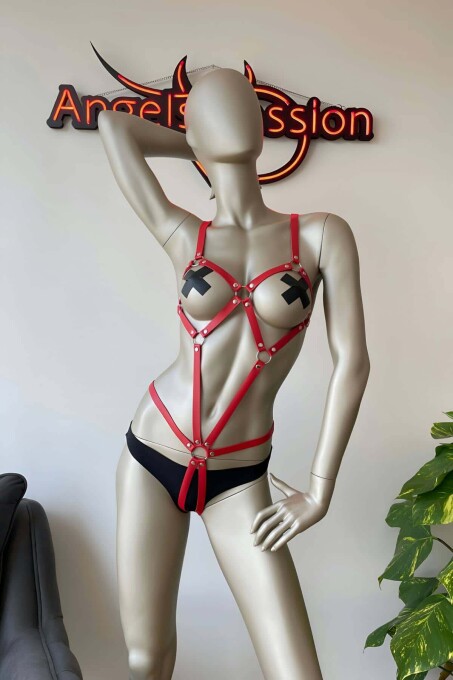 Body-Hugging Red Leather Body Harness Lingerie - 5