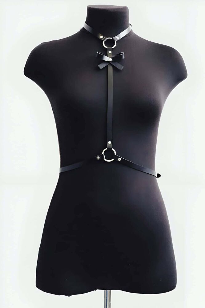 Bow Detailed Leather Neck and Waist Harness - 3