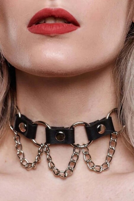 Chain and Ring Leather Choker - 1