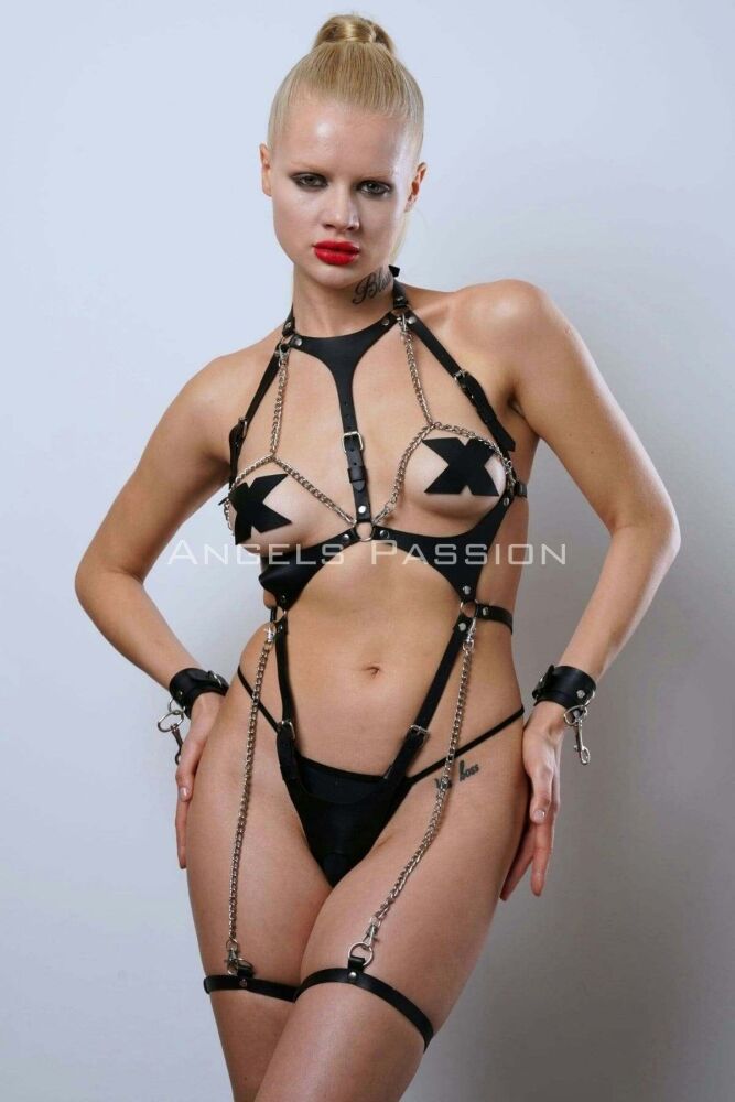 Chain Detailed Leather Body Harness with Cuffed Fancy Underwear - 1