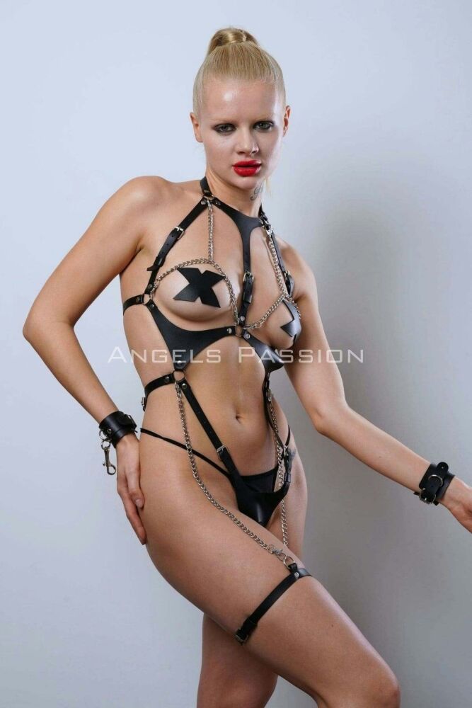 Chain Detailed Leather Body Harness with Cuffed Fancy Underwear - 6
