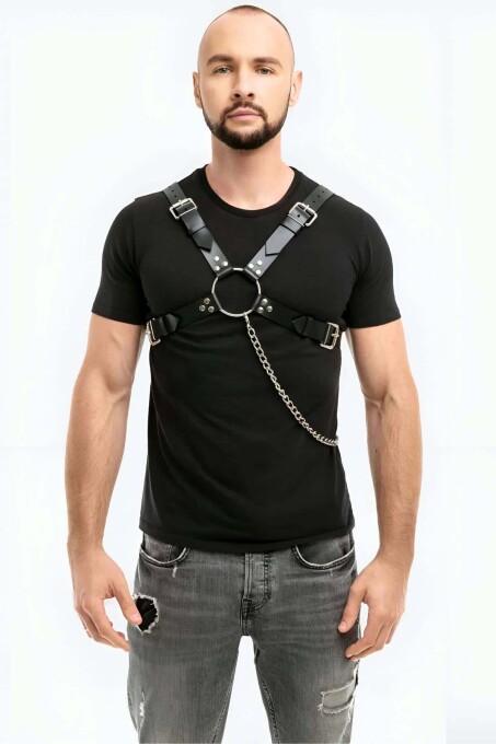 Men's Leather Chest Harness with Chain Detail - 1