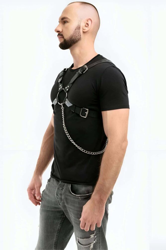 Men's Leather Chest Harness with Chain Detail - 2