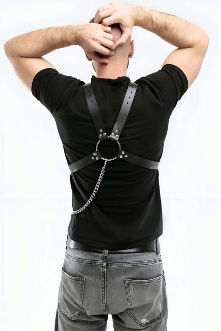 Men's Leather Chest Harness with Chain Detail - 3