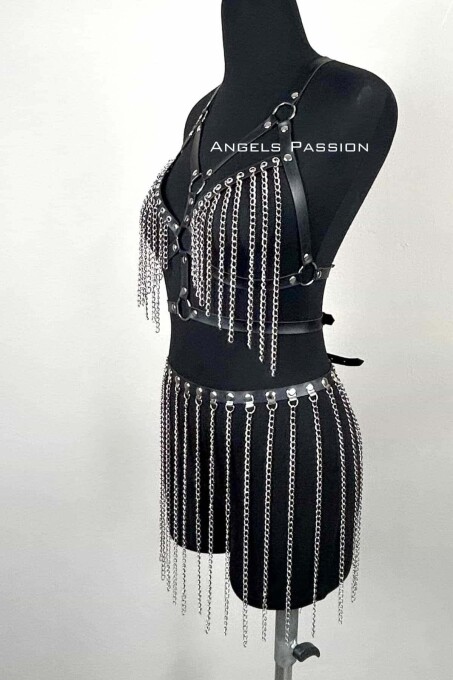 Chain Harness Suit, Leather Chain Skirt Suit - 2