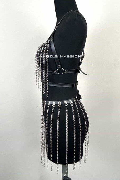 Chain Harness Suit, Leather Chain Skirt Suit - 3