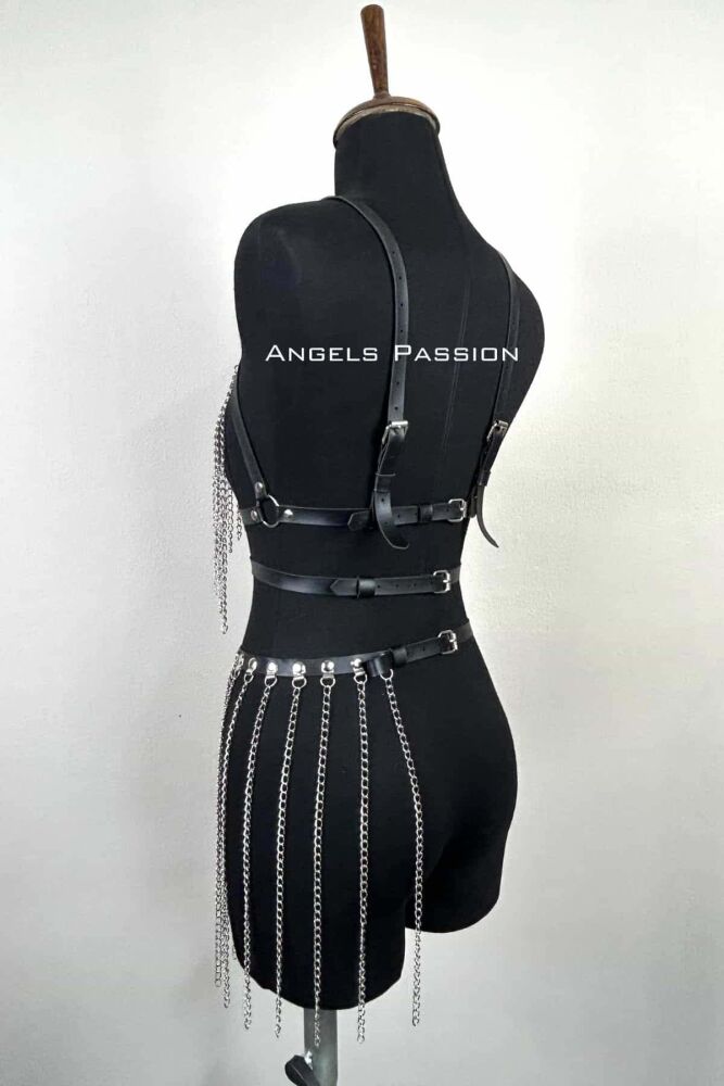 Chain Harness Suit, Leather Chain Skirt Suit - 4