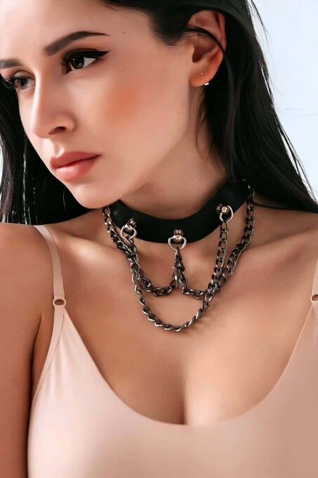 Chain Leather Choker Necklace with Leash Harness - 1
