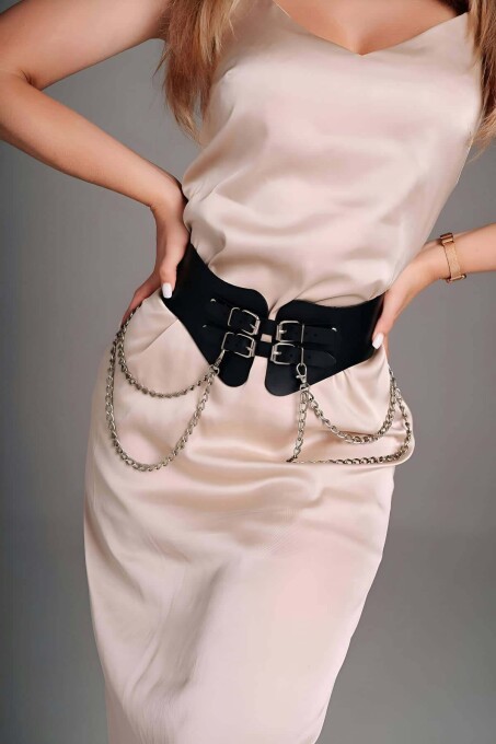 Chain Style Leather Dress Belt - 2