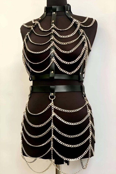 Chained Leather Crop and Skirt Harness Festival Set - 6