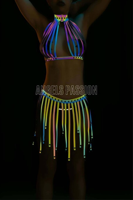 Colorful Reflective Dress with Tassels, Sexy Harness Underwear - 1