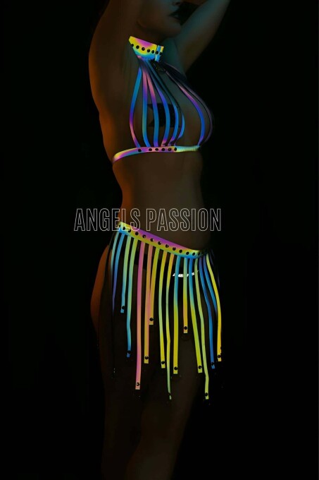 Colorful Reflective Dress with Tassels, Sexy Harness Underwear - 2