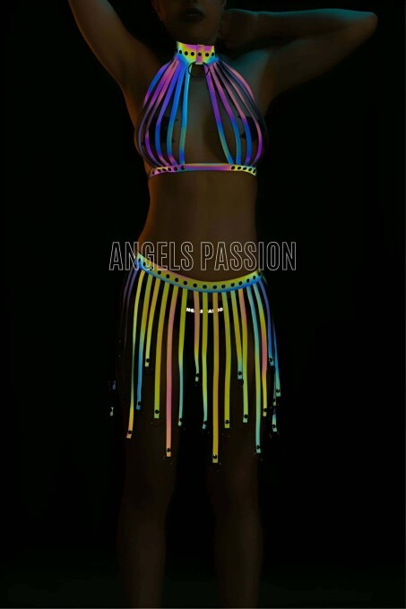 Colorful Reflective Dress with Tassels, Sexy Harness Underwear - 4