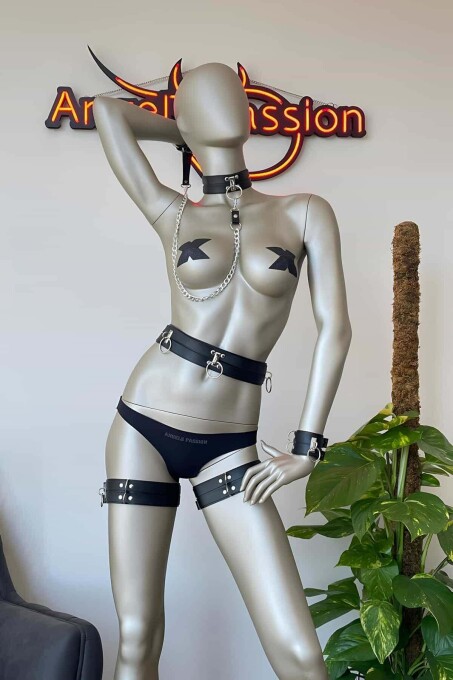 Corset, Wristband, Leash, and Leg Harness Set for Bondage - 6