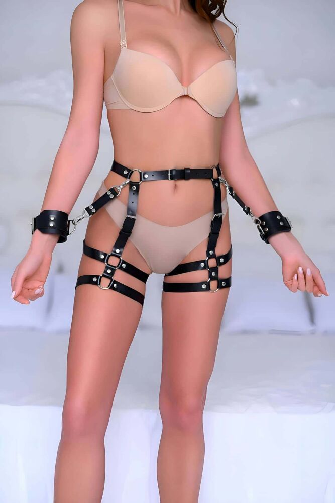 Cuffed Fantasy Leather Harness for Erotic Underwear - 1