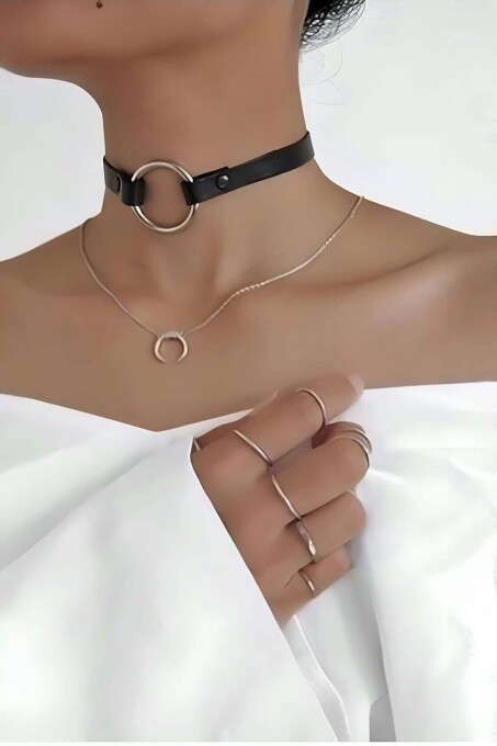 Elegant Leather Choker with Ring Detail - 1