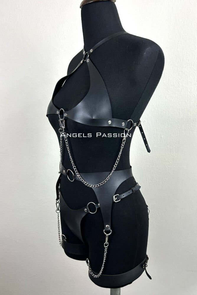 Elegant Leather Garter Suit with Chain Detail, Elegant Fancy Suit, Leather Underwear - 3