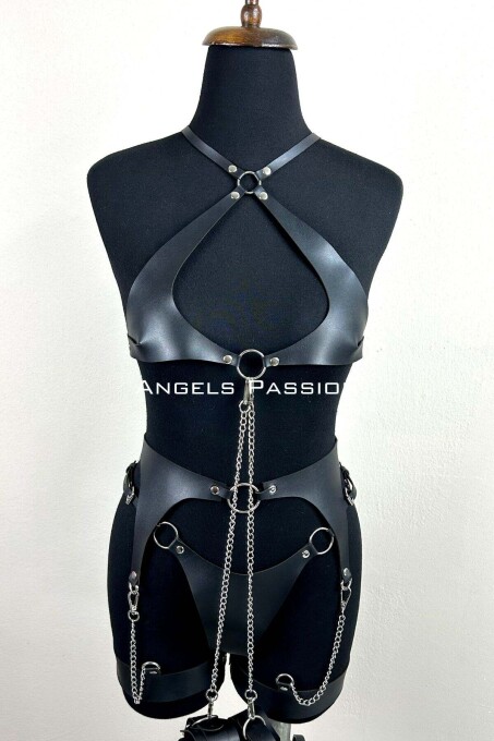 Elegant Leather Garter Suit with Chain Detail, Elegant Fancy Suit, Leather Underwear - 7