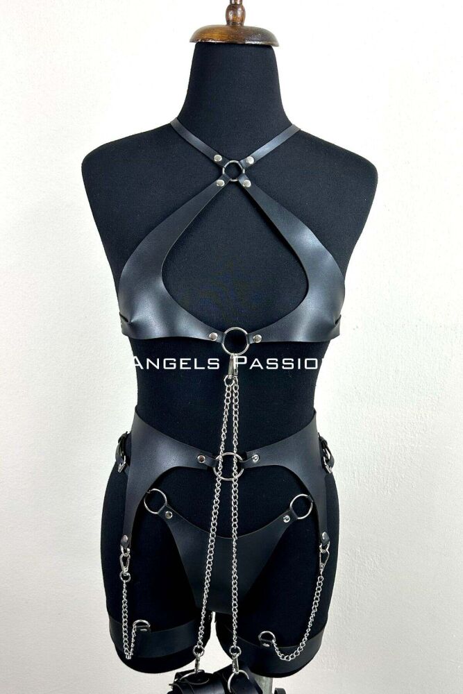 Elegant Leather Garter Suit with Chain Detail, Elegant Fancy Suit, Leather Underwear - 7