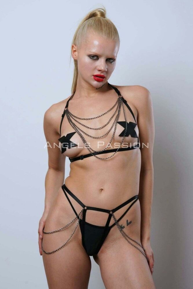 Erotic Fantasy Rubber Harness Set with Chain Details - 1