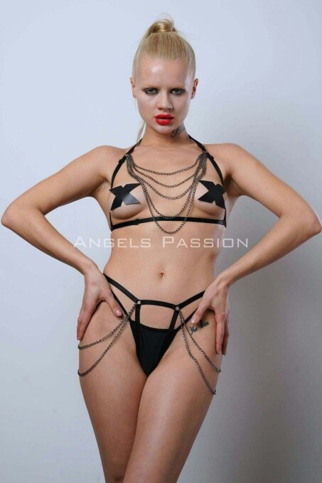 Erotic Fantasy Rubber Harness Set with Chain Details - 10