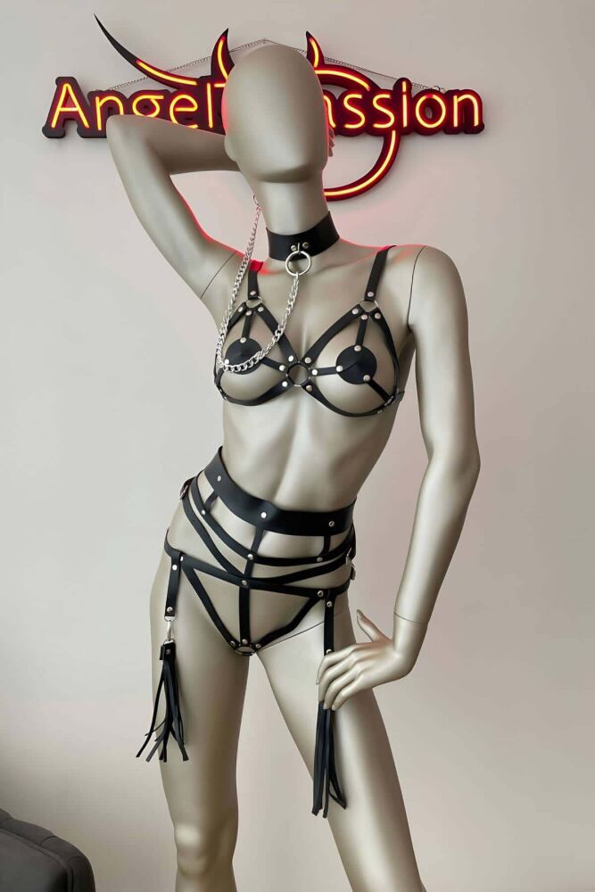 Erotic Leather Harness with Tassel Details - 4