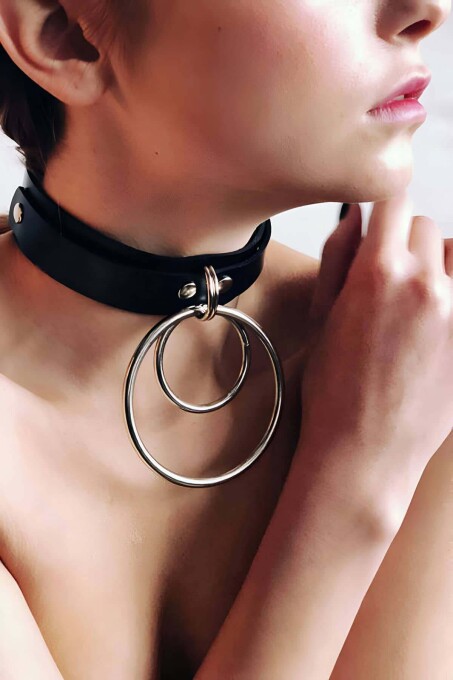 Fancy Leather Collar with Two Rings - 3