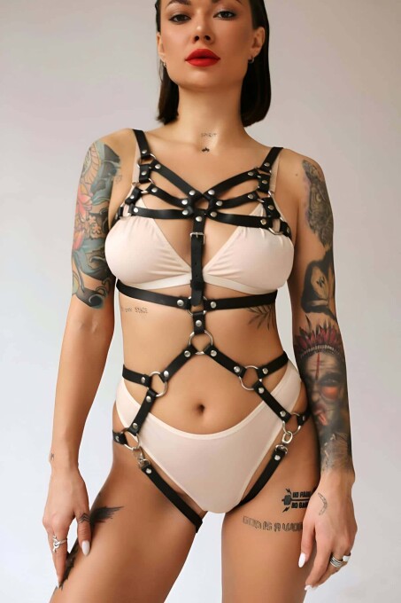 Fancy Leather Underwear Set with Handcuffs - 1