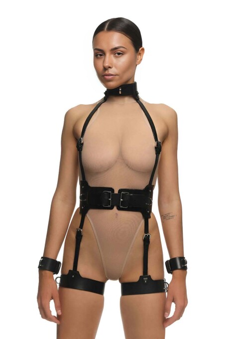 Fancy Leather Underwear Set with Stylish Harness and Neck Cuffs - 3