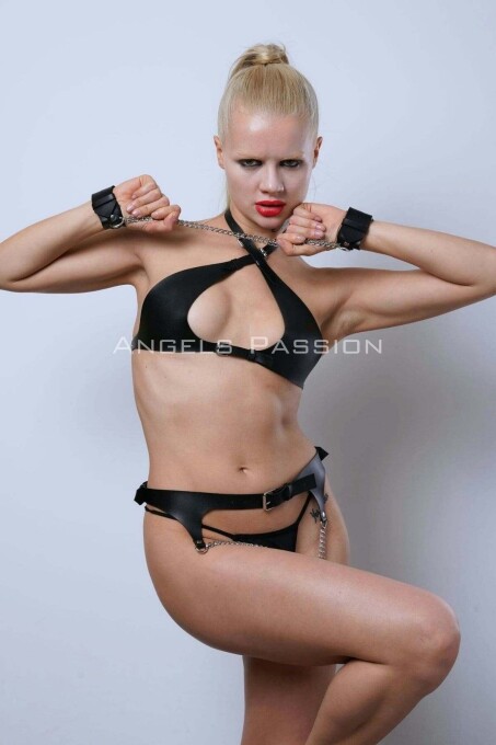 Fancy Leather Underwear with Handcuffs and Waist Harness Set - 7