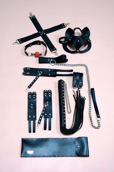 Fancy Whips Set of 7, Handcuffs, Foot Clamps, Cat Mask - 1