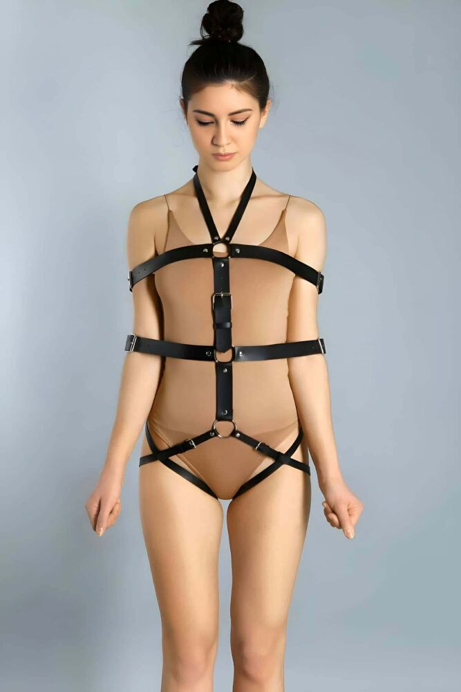 Fantasy Leather Handcuffs with Open Crotch Bondage Belt - 1