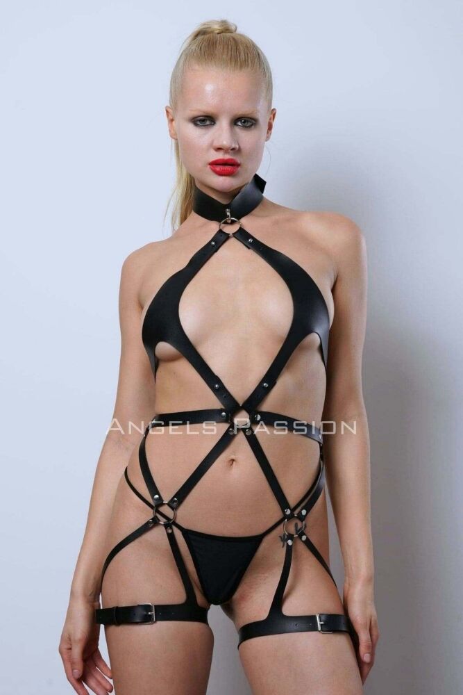 Full Body Leather Harness and Erotic Vegan Leather Underwear - 8