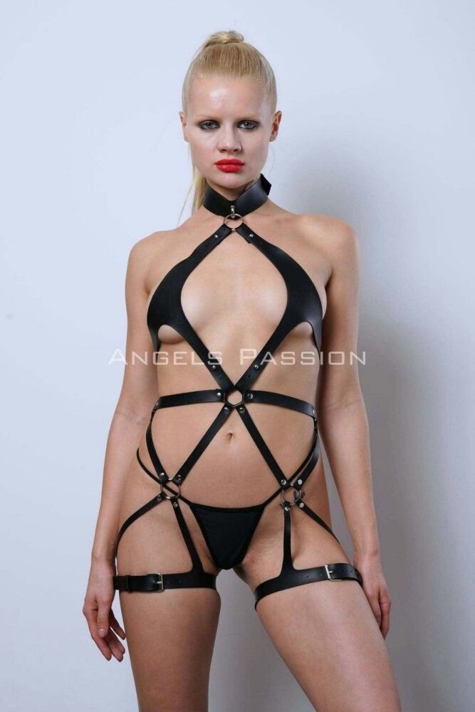 Full Body Leather Harness and Erotic Vegan Leather Underwear - 9