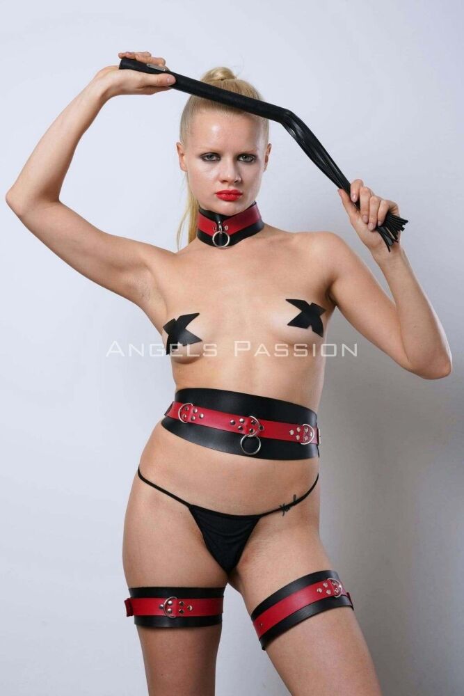 Full Leather Slave Set with Whips and Handcuffs - 8
