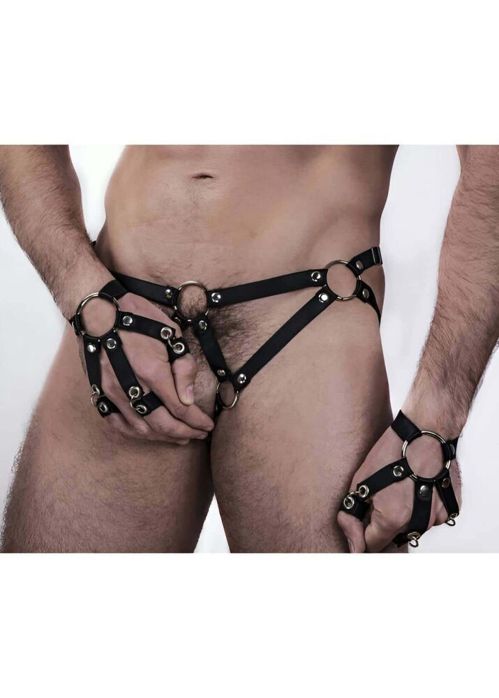 Gay Men's Sexy Rubber Harness and Bracelet Set - 2