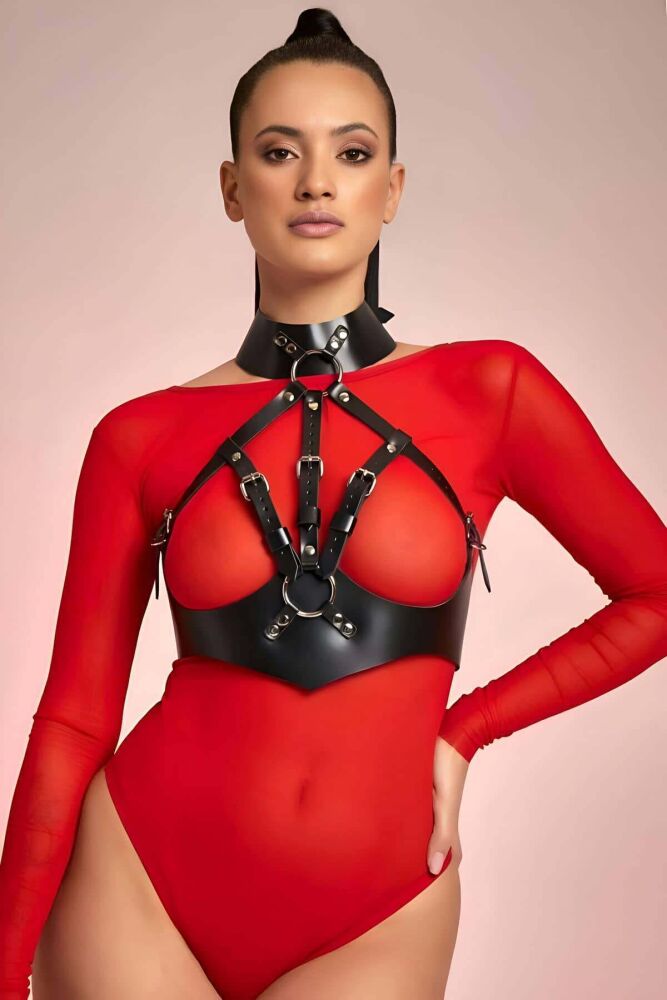 Halter Neck Open Breast Leather Fantasy Bra Harness - 1