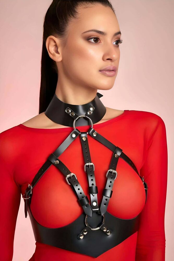 Halter Neck Open Breast Leather Fantasy Bra Harness - 3